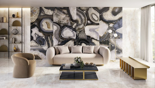 Emil Ceramica Tele di Marmo Precious Agate Black – płytki gresowe imitujące onyks na ścianie w nowoczesnym salonie